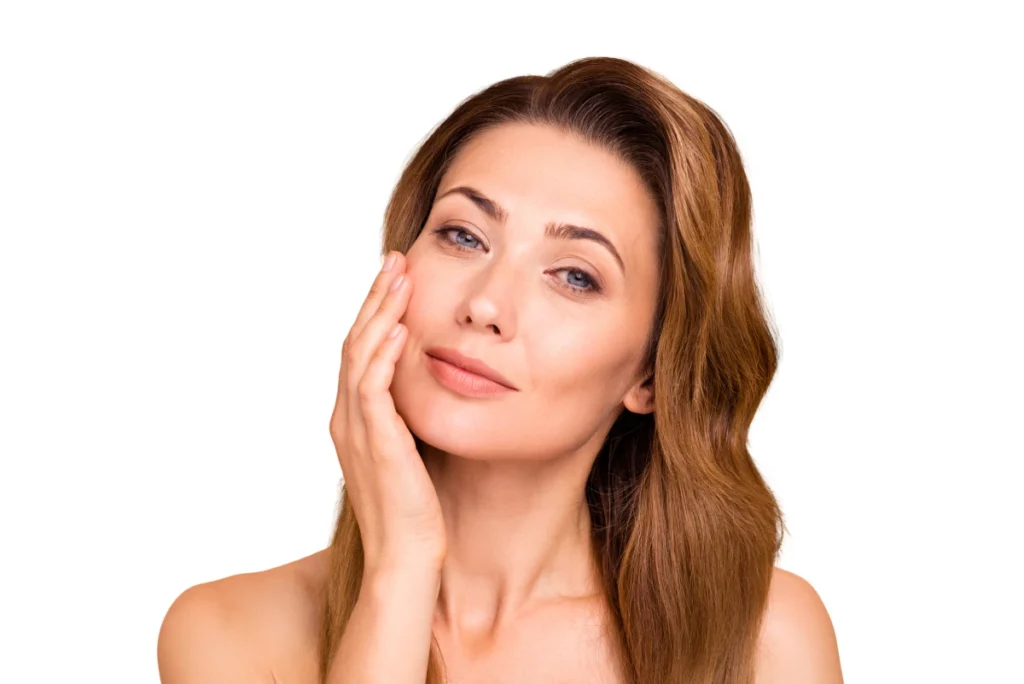 Middle-aged woman touching face after Morpheus-V treatment at Medical Aesthetics in Provo, UT