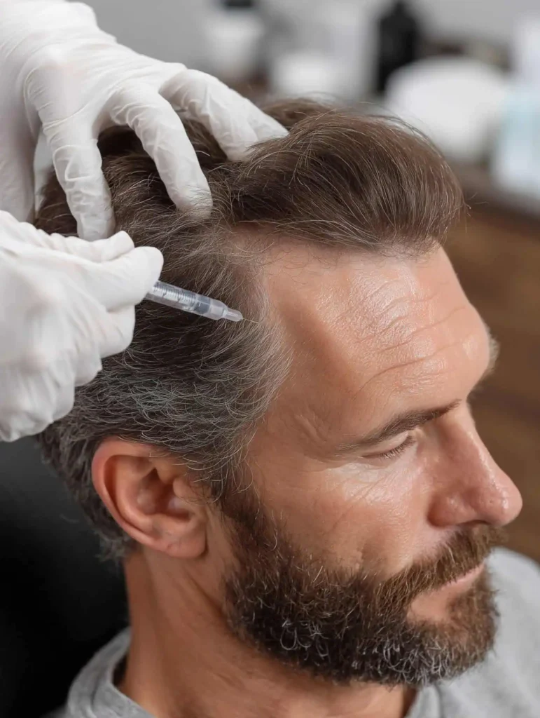 Close-up of a man receiving PRP injections for hair restoration in Provo, UT.