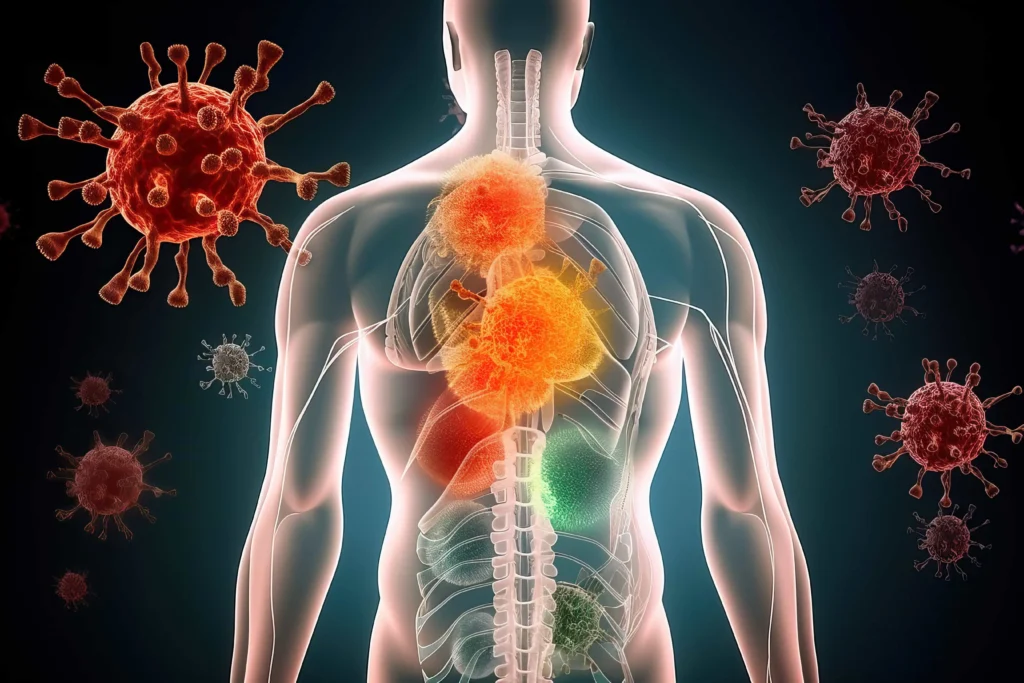 A scientific illustration of a human body under attack by viruses, symbolizing autoimmune disease treatment.