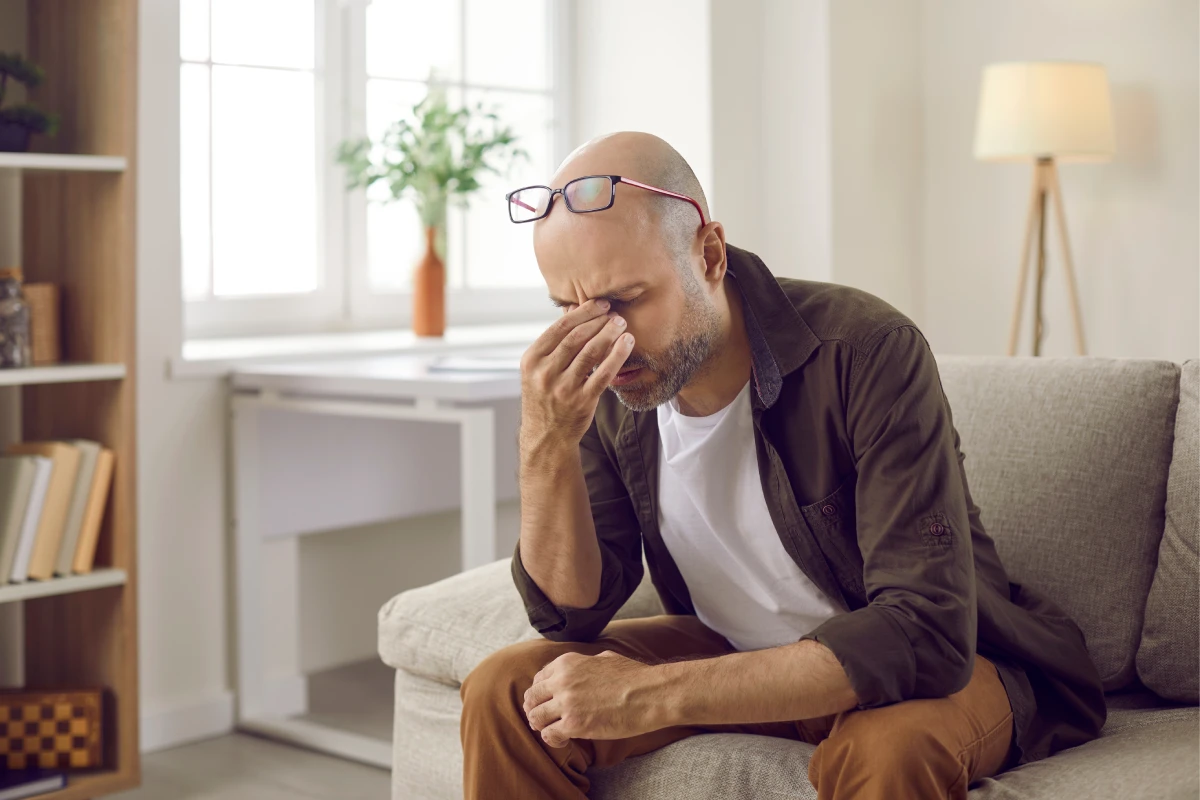 Middle-aged man experiencing unexplained fatigue after 40 while sitting on a couch, illustrating functional medicine evaluation for hormone imbalance, chronic tiredness, and energy restoration.